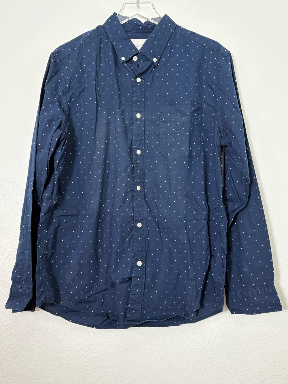 Men's Navy Blue Button-Down Shirt with Micro Dot Pattern